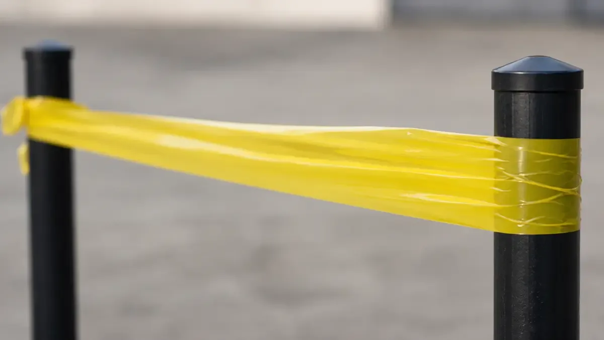 Cinta plastica amarilla de precaucion tendida entre dos postes
