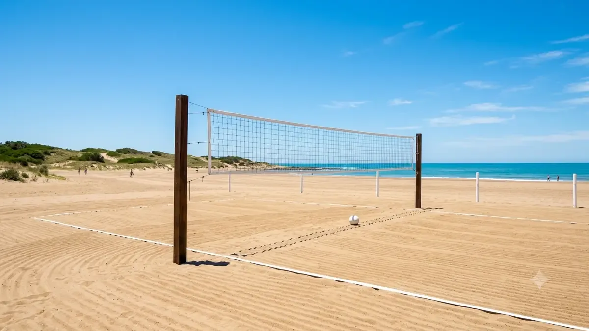 Cancha de vóley playa con red tensada sobre arena rastrillada