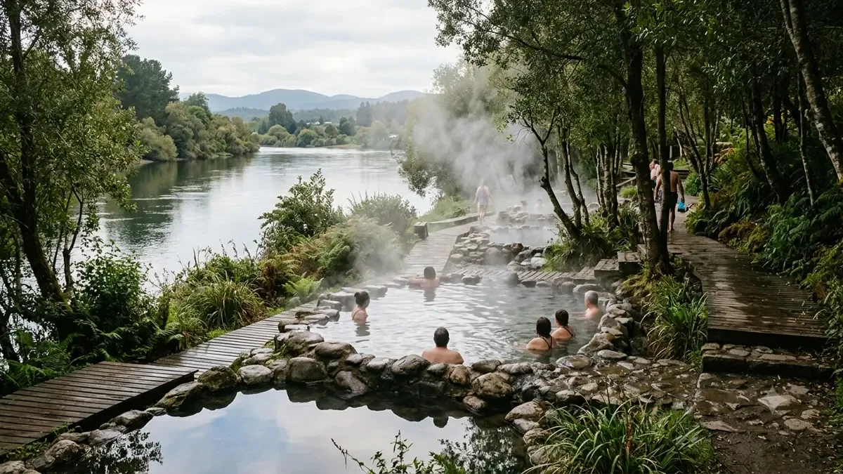 Piscinas termales con vapor y vegetación en una costanera arbolada junto al río, plano medio documental, perspectiva natural