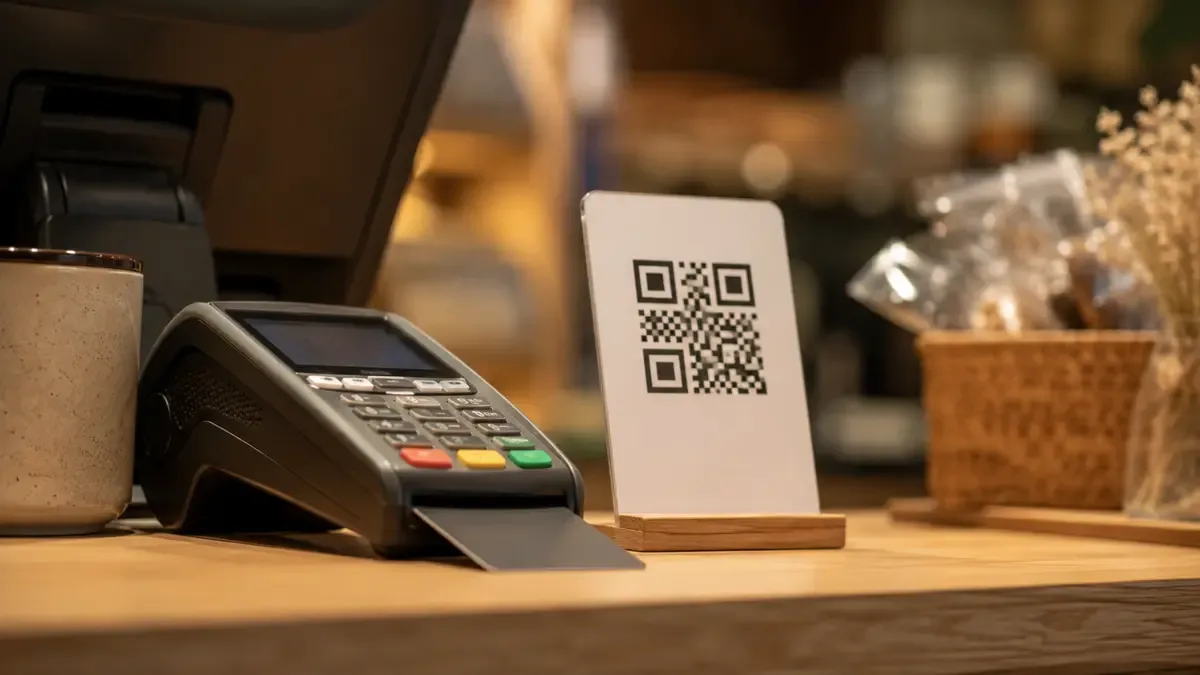 Terminal de pago con una tarjeta apoyada junto a un código de puntos