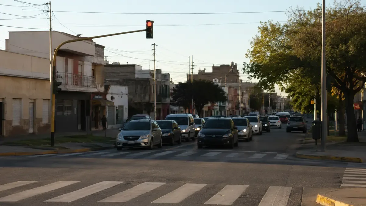 Cruce de calles con semáforo en rojo y tránsito detenido. (ilustración generada con IA)