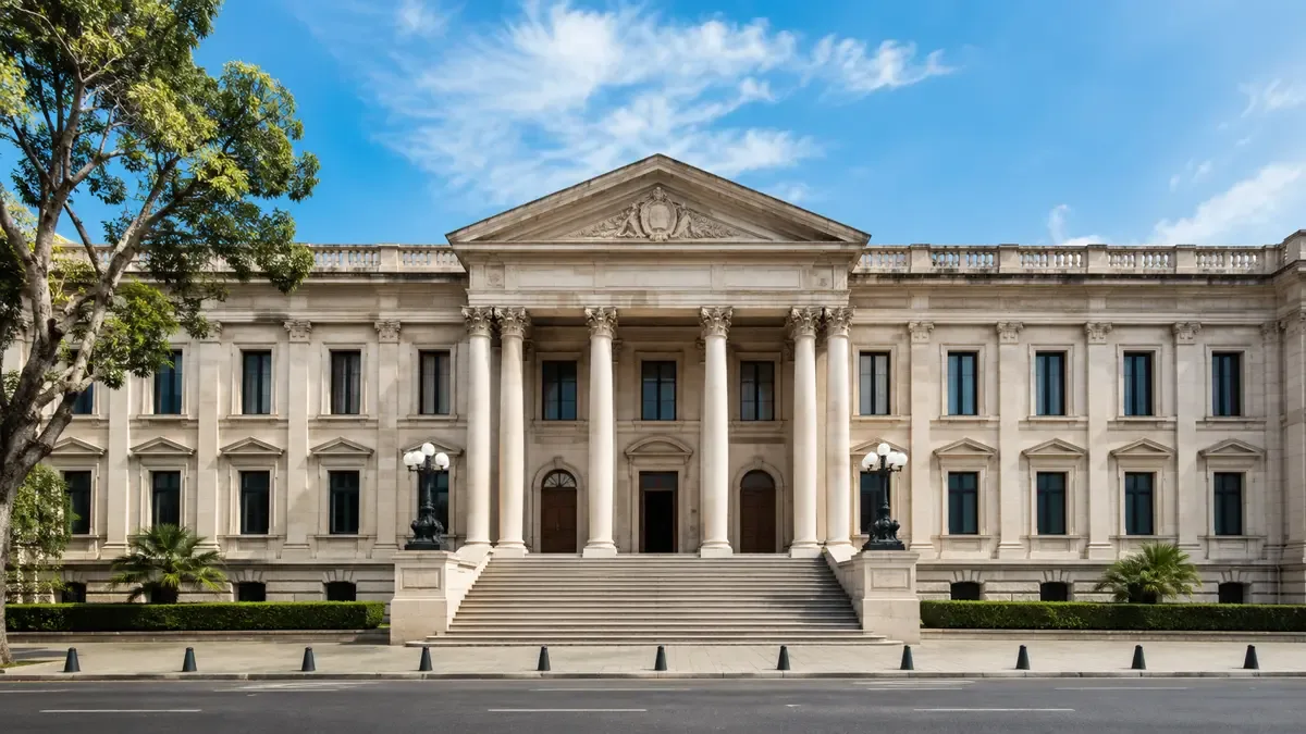Fachada de un edificio institucional genérico de estilo clásico (ilustración generada con IA)