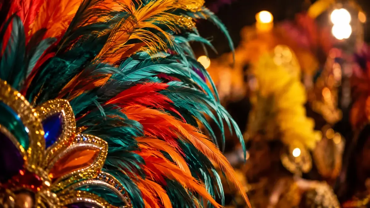 Plumas y colores de una comparsa de carnaval en primer plano