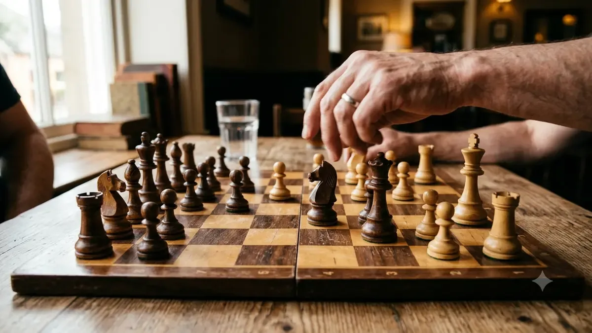 Piezas de ajedrez de madera en pleno juego sobre el tablero