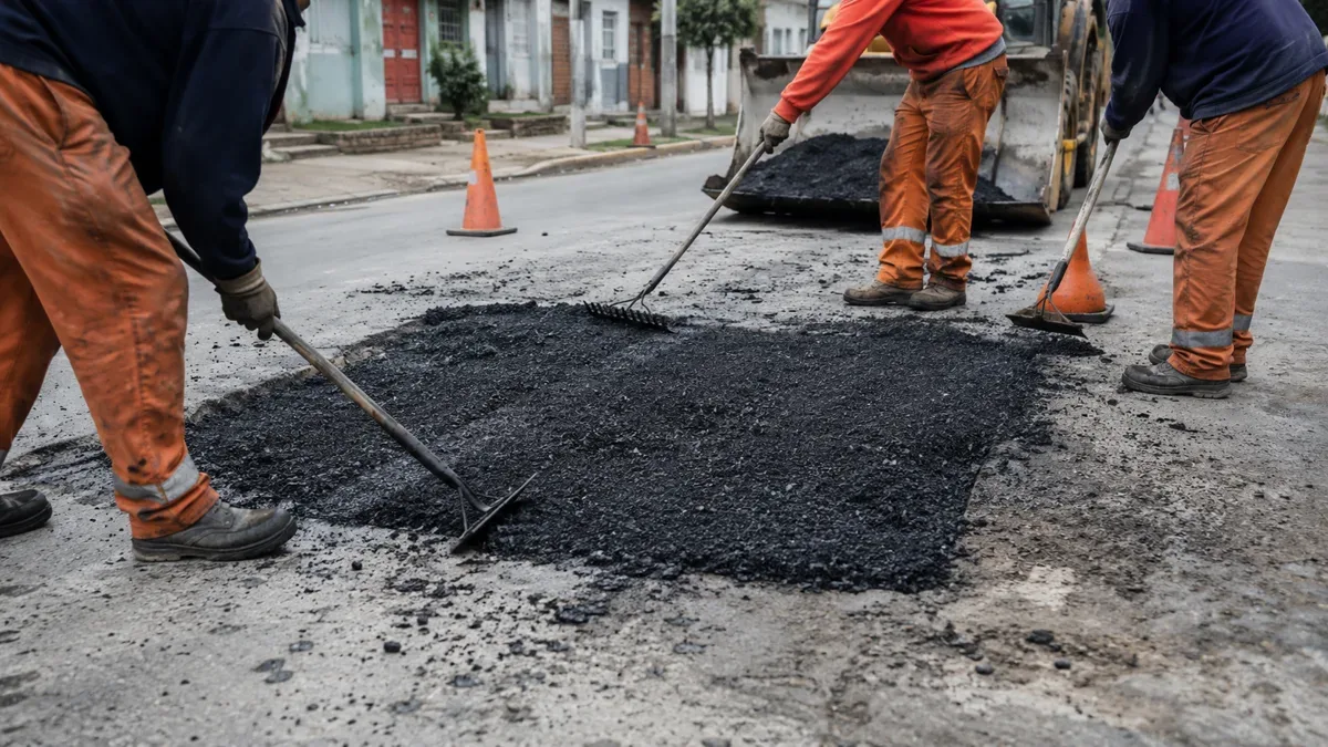 Cuadrilla vial rellenando un bache con asfalto caliente, con palas, rastrillos y conos de señalización.