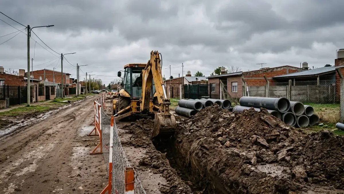 Retroexcavadora zanjeando una calle de tierra en una obra vial de barrio.