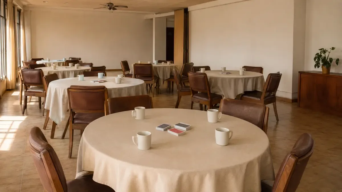 Salón de un centro de jubilados con mesas y sillas ordenadas. (ilustración generada con IA)