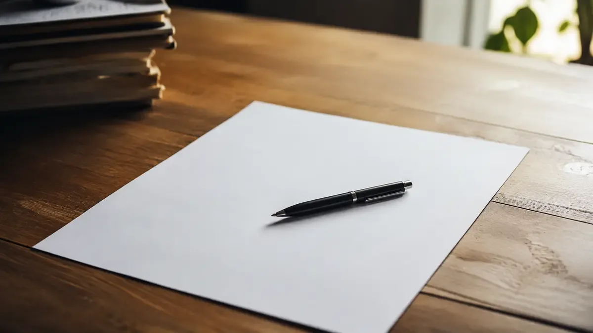 Documento en blanco con una lapicera apoyada encima sobre un escritorio de madera (ilustración generada con IA)