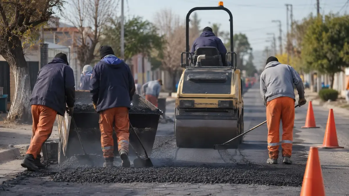 Máquina vial y conos naranjas durante un bacheo en una calle barrial.