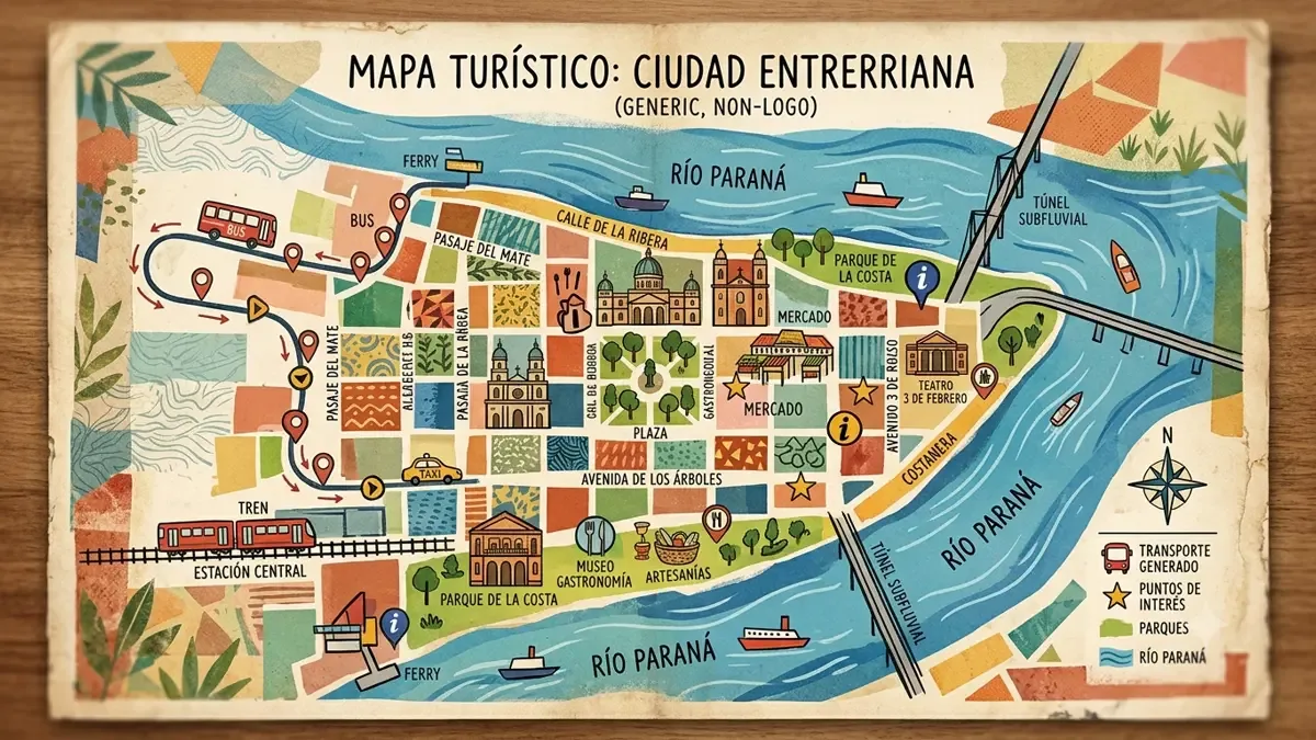 Mapa conceptual para moverse en Gualeguaychu (ilustración generada con IA)